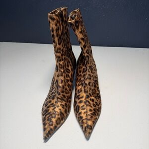Zara Leopard Print Ankle‎ Boots 38 Brown Pointed Toe Kitten Heel Sock Boot
